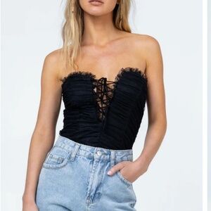 Princess Polly Elysia Black Mesh Strapless Polka Dot Ruffle Bodysuit